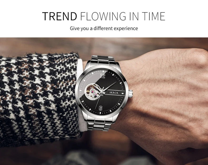 SKROX Original Luxury Brand Waterproof Tourbillon Automatic Clock Steel Skeleton Mechanical Man Watch Business Male Wristwatches