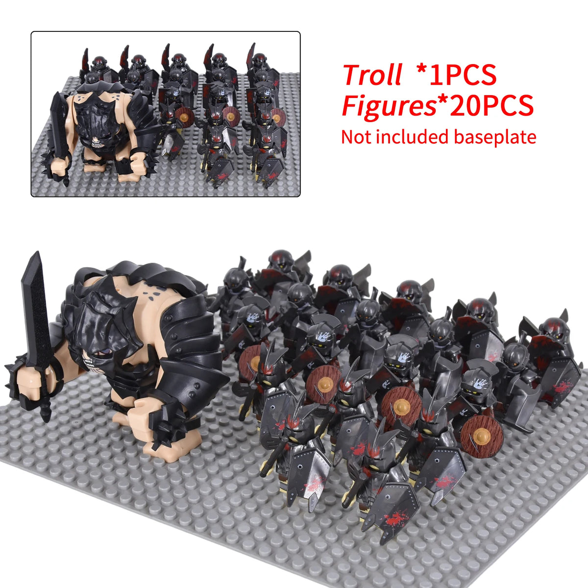 Medieval Battle Scene Building Blocks Beige Giant Troll Beast-Drawn Chariot 10 Warrior Bricks Figures MOC Collectible Model Toy