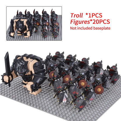 Medieval Battle Scene Building Blocks Beige Giant Troll Beast-Drawn Chariot 10 Warrior Bricks Figures MOC Collectible Model Toy