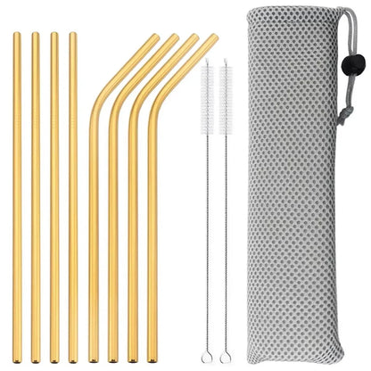 11Pcs Reusable Black Straw Set 304 Stainless Steel Straw Straight Bent Drinking Straw With Cleaning Brush Home Bar Accessory