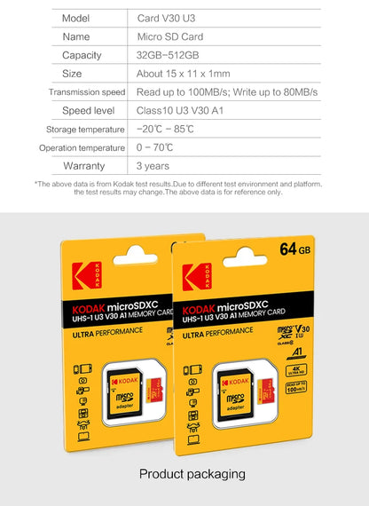 KODAK Micro SD Card U3 V30 128GB 256GB 64GB 4K High Speed TF Card for Phone Camera Drone
