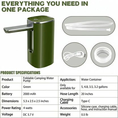 Auto Touch Water Pump for 5/4.8/3.5/3.2Gal, Foldable Faucet, Camping/Hiking/Outdoor, USB-C, Leakproof Lightweight