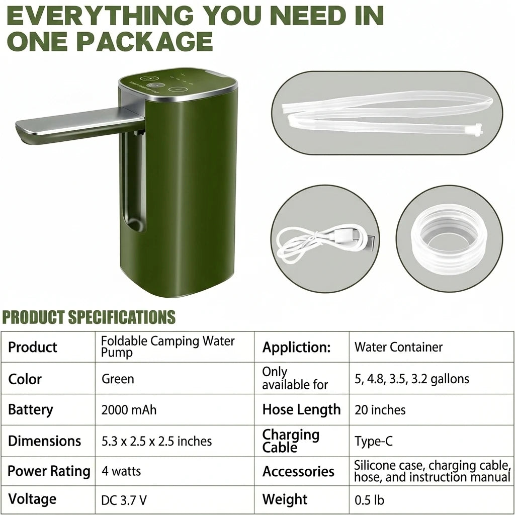 Auto Touch Water Pump for 5/4.8/3.5/3.2Gal, Foldable Faucet, Camping/Hiking/Outdoor, USB-C, Leakproof Lightweight