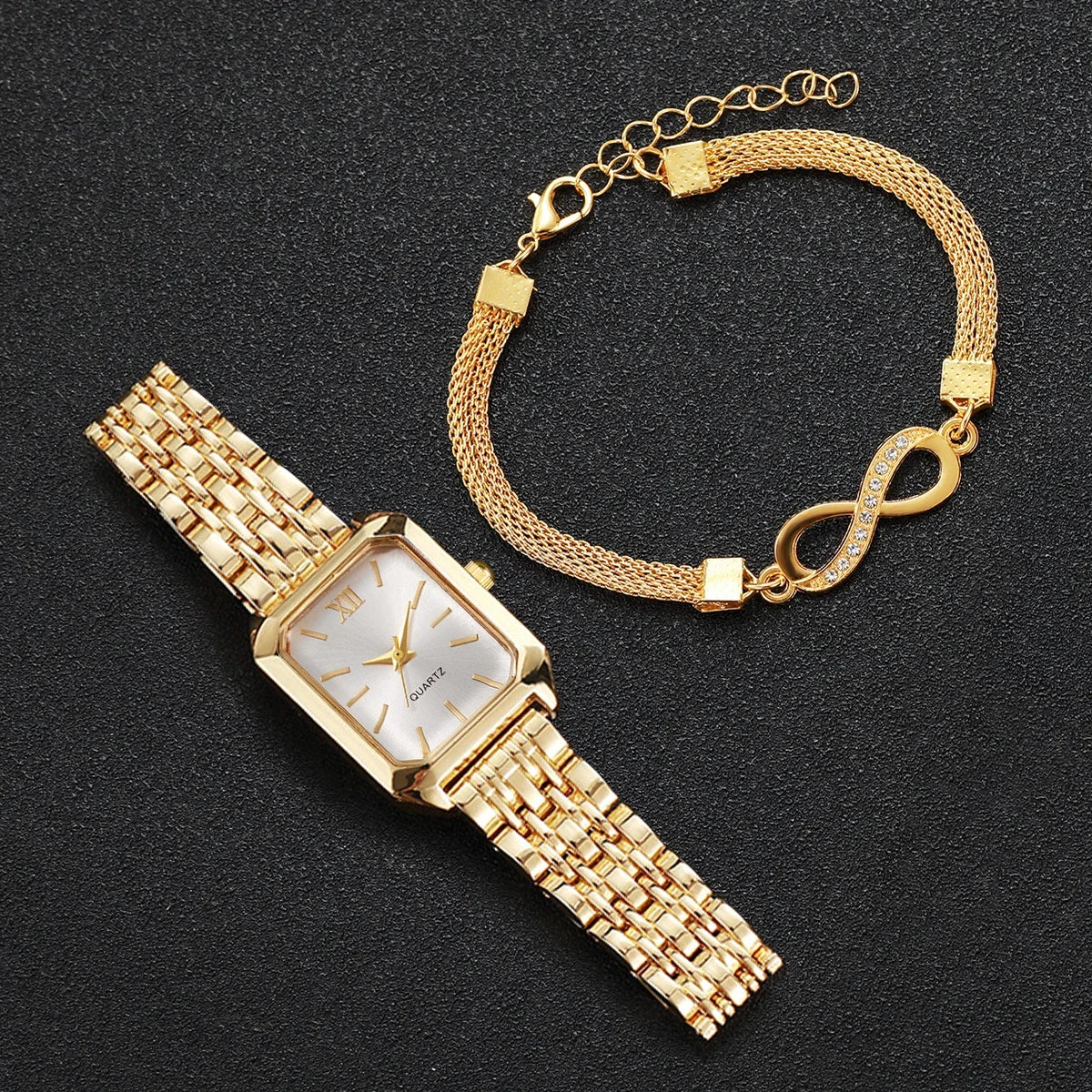 2PCS/Set Elegant Rectangle Women Quartz Watch Fashion Roma Dial Ladies Wristwatches Bracelet Set Reloj Mujer Clock (Without Box)