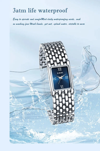 LIGE New Design Ladies Watch Fashion Quartz Wristwatch Silver Simple Square Women Watches Luxury Stainless Steel Folding Clock