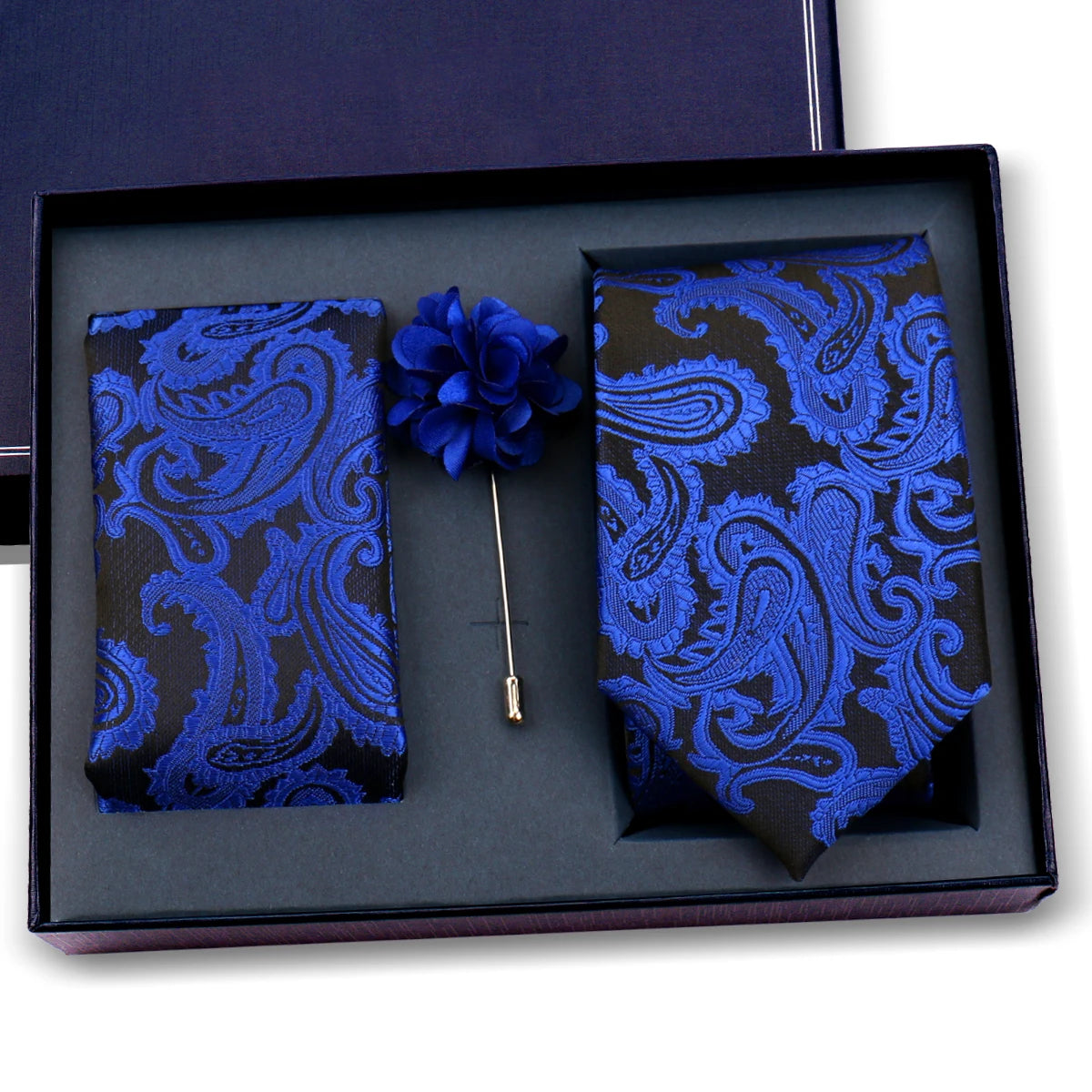 Elegant Ties For Men Classic Paisly Neck Tie Pocket Square Brooch Set With Gift Box Mens Business Wedding Suit Accessories