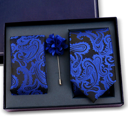 Elegant Ties For Men Classic Paisly Neck Tie Pocket Square Brooch Set With Gift Box Mens Business Wedding Suit Accessories