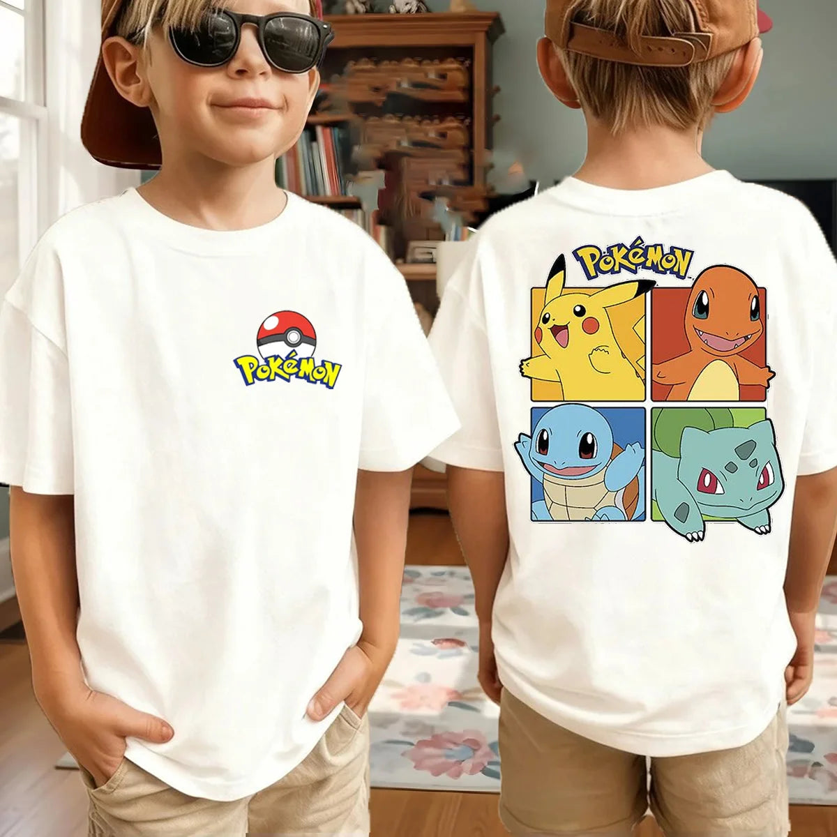 Summer Pokémon AnimeT-shirts Boys Pure Cotton Short-sleeved Top Casual Suitable for Both Boys and Girls, Parent-child Outfits.