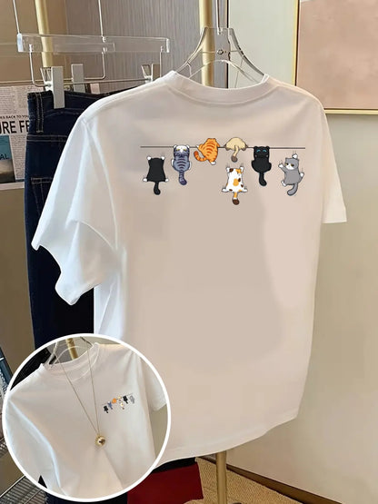 Cartoons Cats Prints T-Shirts Summer Womens Cotton T Shirts Basic O-Neck Oversized Short Sleeve Tops Casual Street Woman Clothes