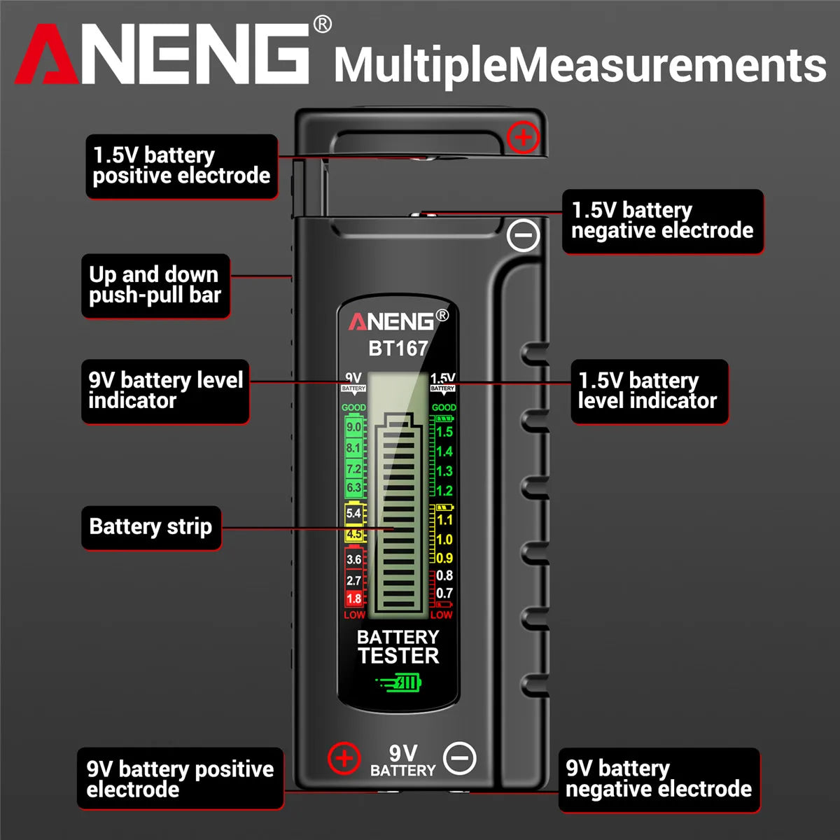 ANENG BT167 household battery level tester does not require power supply to measure D/C/AA/AAA/9V/button battery level detector
