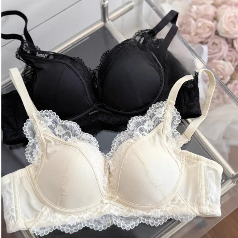 French Style Lace Satin Splice Bra Set Women Small Chest Gathered Lift Up Comfortable Soft Daily Underwear Lingerie Suit 32-38AB