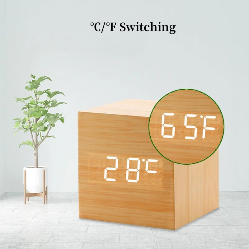 Voice Control  Wooden Digital Alarm Clock TEMP Date 3 Alarms Desktop Electronic Table Clock 12/24H USB Powered LED Bedside Clock