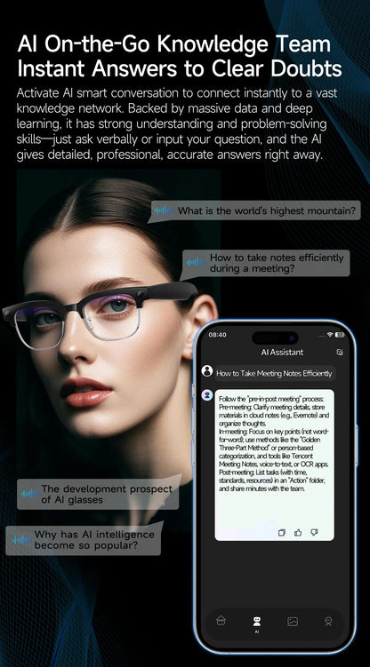 New AI Smart Glasses, 800W Camera Video Recording, AI Photo Recognition, Bluetooth Call & Voice Translation Eyewear