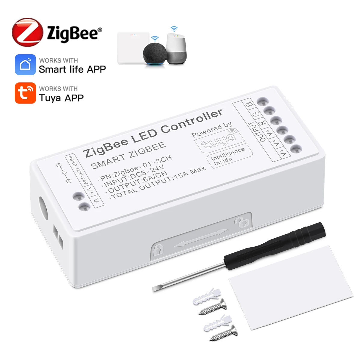 CCT Dimmer Zigbee 3.0 Tuya APP Work with Alexa Google Home for DC5v-24V Single Color RGBW RGB LED Strip Light Voice Controller
