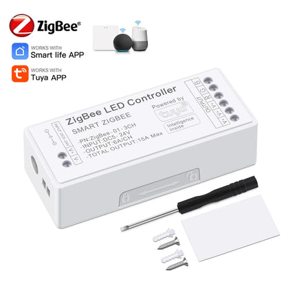 CCT Dimmer Zigbee 3.0 Tuya APP Work with Alexa Google Home for DC5v-24V Single Color RGBW RGB LED Strip Light Voice Controller