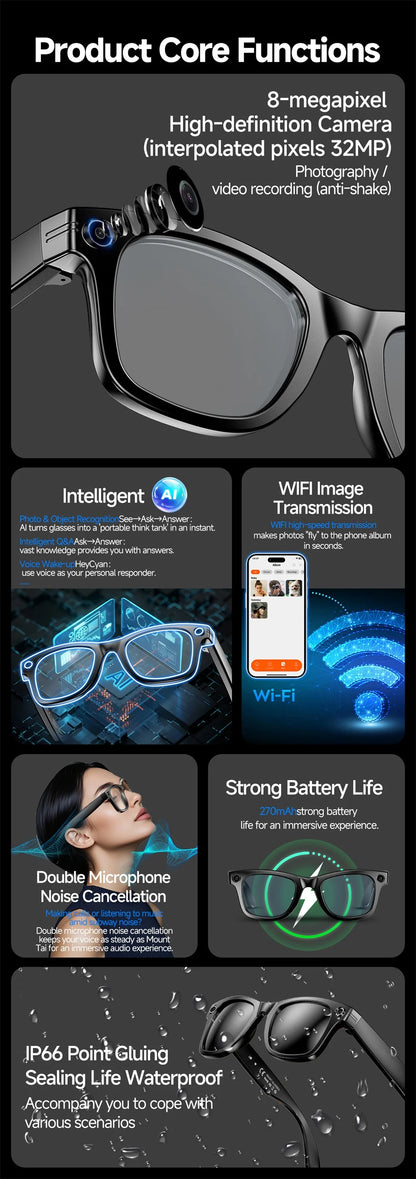 Smart Glasses With 800W Intelligent Translation Al Voice Wake-up Intelligent Q&A Interaction Call Noise Reduction EIS Anti Shake