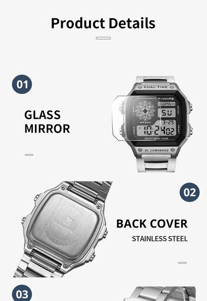 PANARS Top Luxury Stainless Steel Strap Sport Watches Mens Waterproof Back Light Digital Wristwatch Male Alarm