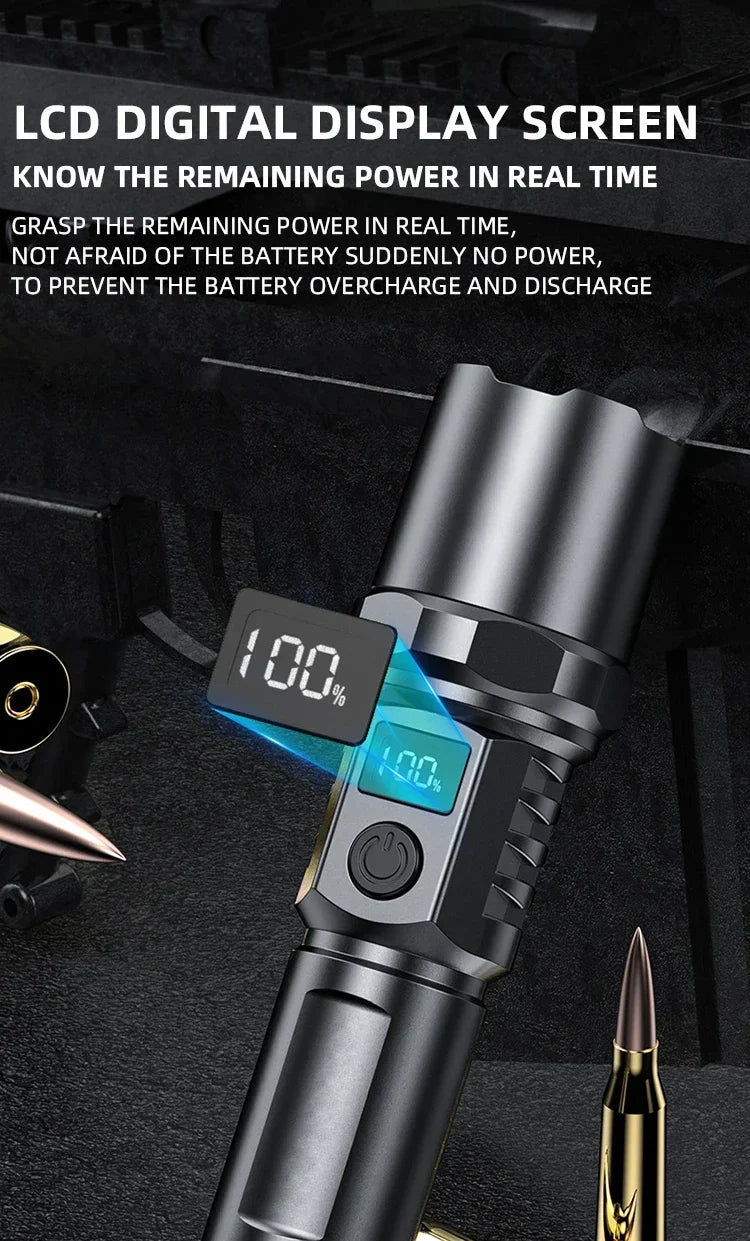 10000LM High Power LED Flashlight Long-range USB C Rechargeable Flashlight Power Display Zoom Lantern For Outdoor Camping Torch