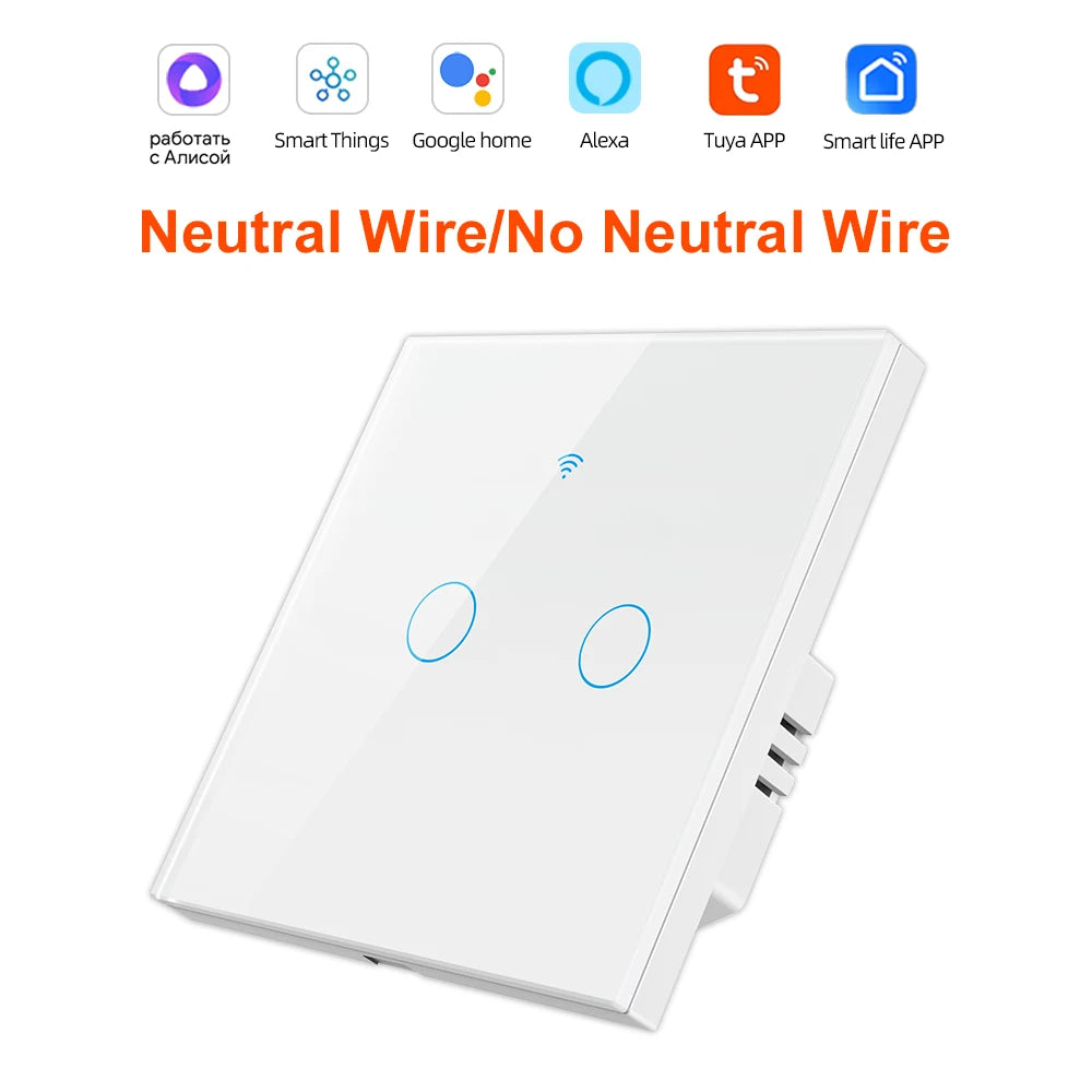 Tuya Smart Wifi Light Switch No Neutral Wire Touch Panel EU 1/2/3 Gang Wall Switch Wireless Control Voice Control Alexa Google