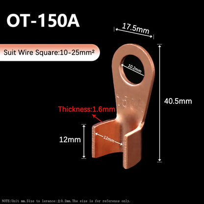 OT Series Wire Terminals 100A 150A 200A 250A 300A 400A 500A Red Copper Bare Nose Lugs Crimp Open Mouth Cable Connector Splice
