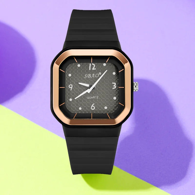 Trendy Square Dial Women Watch Teal Silicone Strap Rose Gold Bezel Analog Quartz Wristwatch Casual Waterproof Sport Wrist Clock
