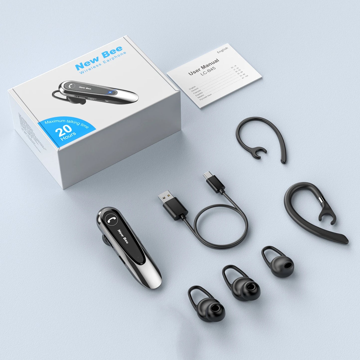 New Bee B45 Bluetooth 5.0 Headset Wireless Earphone Headphones with Dual Mic Earbuds Earpiece CVC8.0 Noise Reduction for Driving