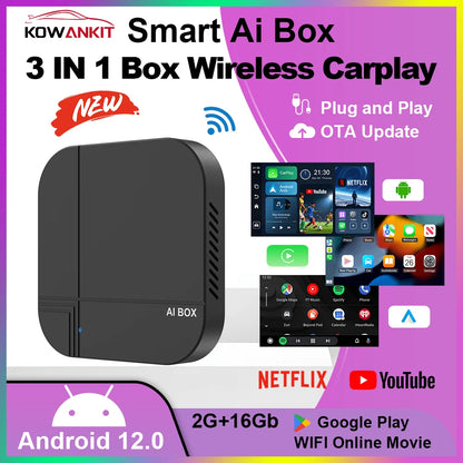 Kowankit 2026 4+32G Wireless CarPlay AI Smart Box 3 in 1 Android Auto Tv Box Netflix Youtube For Toyota Nissan Benz Honda Ford