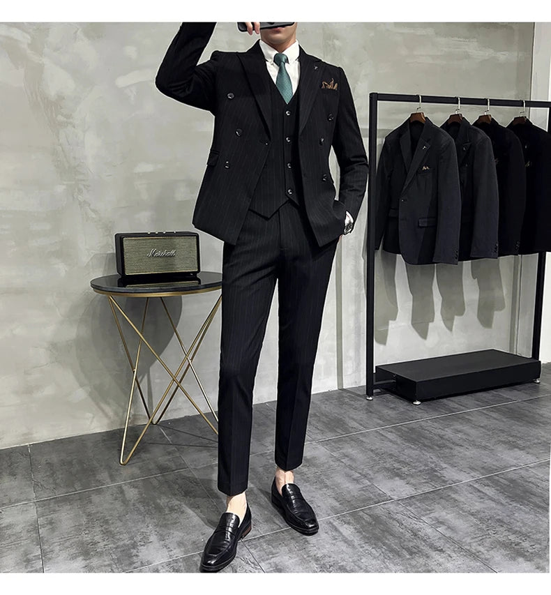 Slim Fit Double-breasted Striped Suit Vest Trousers 3-Piece Set Korean Fashion M-7XL Men's Fashionable Striped Three-piece Suit