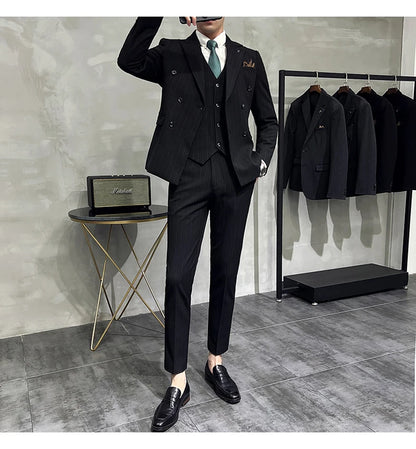 Slim Fit Double-breasted Striped Suit Vest Trousers 3-Piece Set Korean Fashion M-7XL Men's Fashionable Striped Three-piece Suit