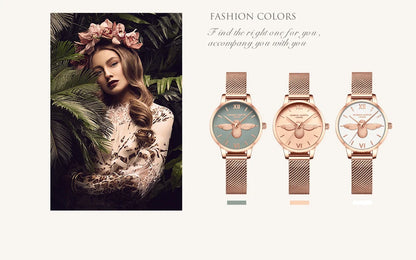 Hannah Martin 2023 New Women Luxury Watch Rose Gold 31mm Classic Casual Girl Dress Watch Bracelet Set 3D Engraved Bee Dial Clock