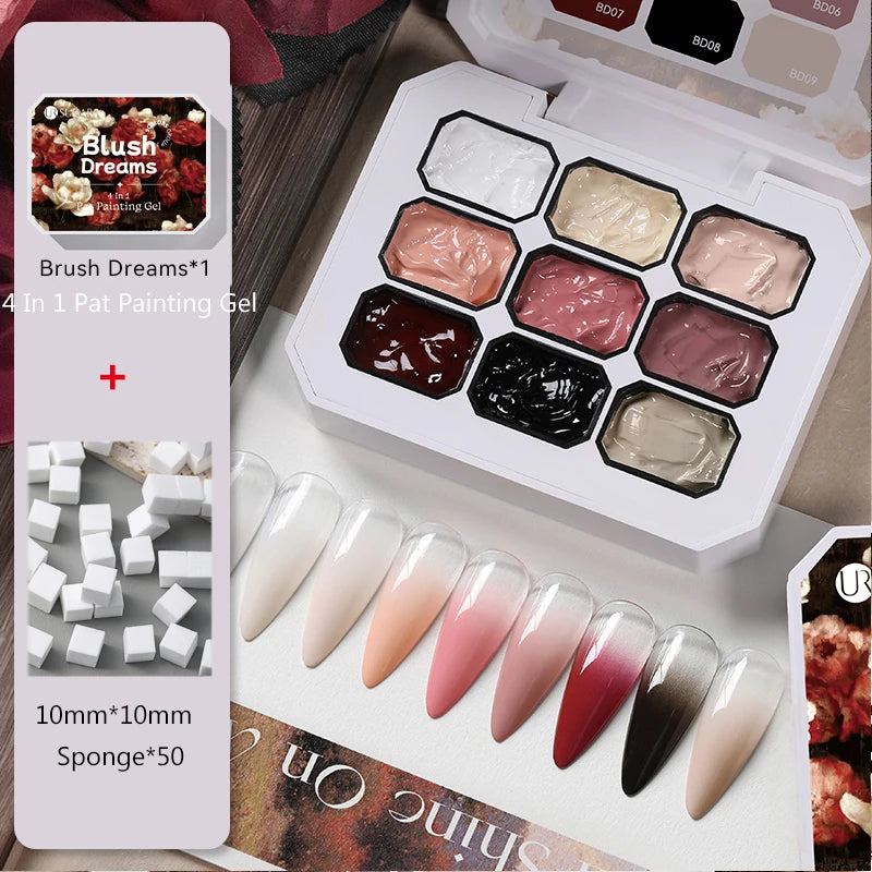 UR SUGAR 9 Colors Gradient Painting Gel Palette with 50pcs Mini Sponge Set French Ombre Gel Nail Polish for Pigmented Manicure