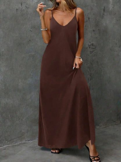 2026 casual and elegant women's clothing - loose solid color backless camisole V-neck sleeveless dress long skirt