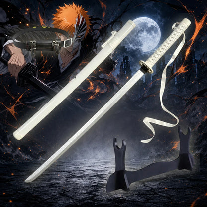 40inch 101cm Katana Sword Bleach Ichigo Zangetsu White Bankai Blade Wood Bamboo Japanese Samurai Anime Cosplay Prop Stand Belt Ribbon Set Real Size Otaku Collectible Gift Toy Display Bushido Ninja Knife Schwert Sabre