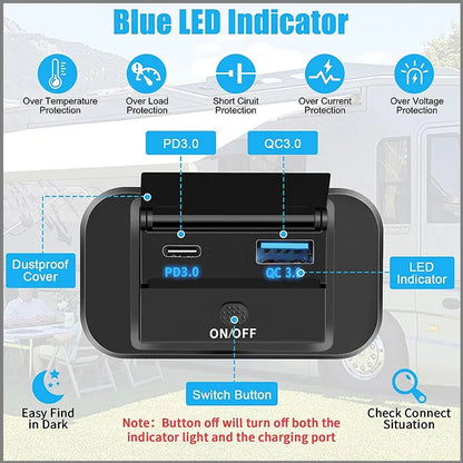 PD QC3.0 Car Charger Socket Quick Charge 12V/24V For Motorcycle Auto Truck ATV RV Bus Dual USB Power Adapter Outlet With On/Off