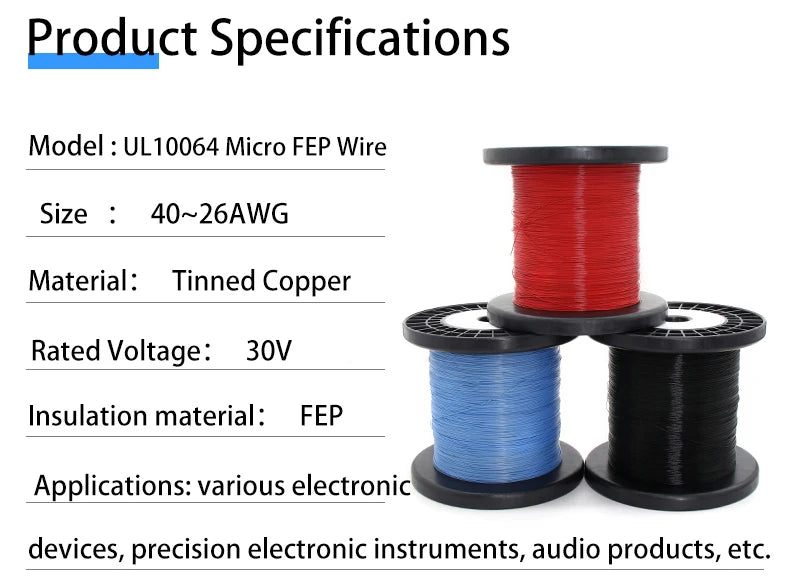 32AWG UL10064 PTFE Wires 5/10/20/30/40/50/100/200/500m Ultra Fine Micro Litz FEP Insulation Tinned Copper Wire for Soldering