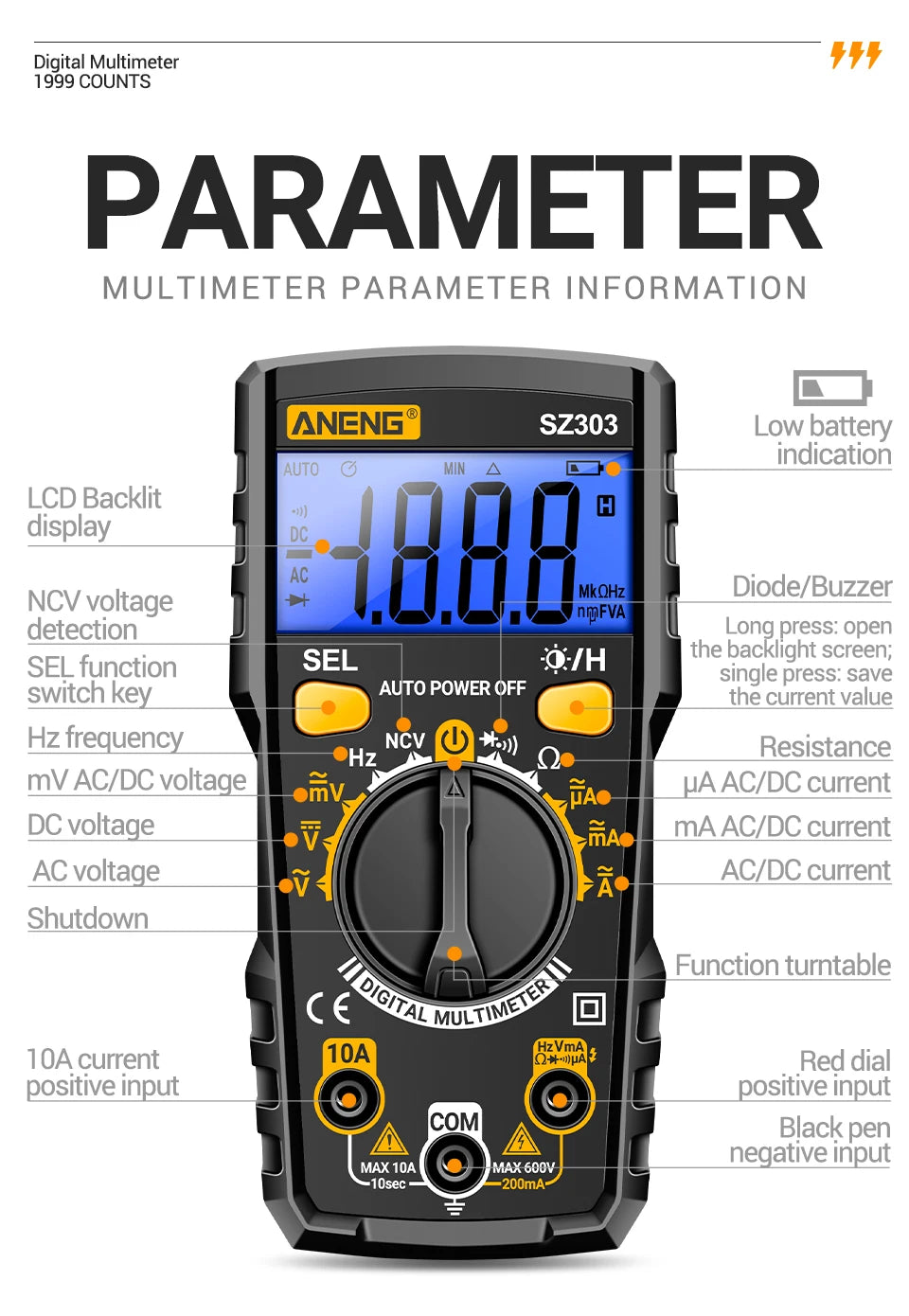 ANENG Digital Multimeter Professional Tester SZ303 AC/DC Voltage Resistance High Precision Professional Electrical Detection Too