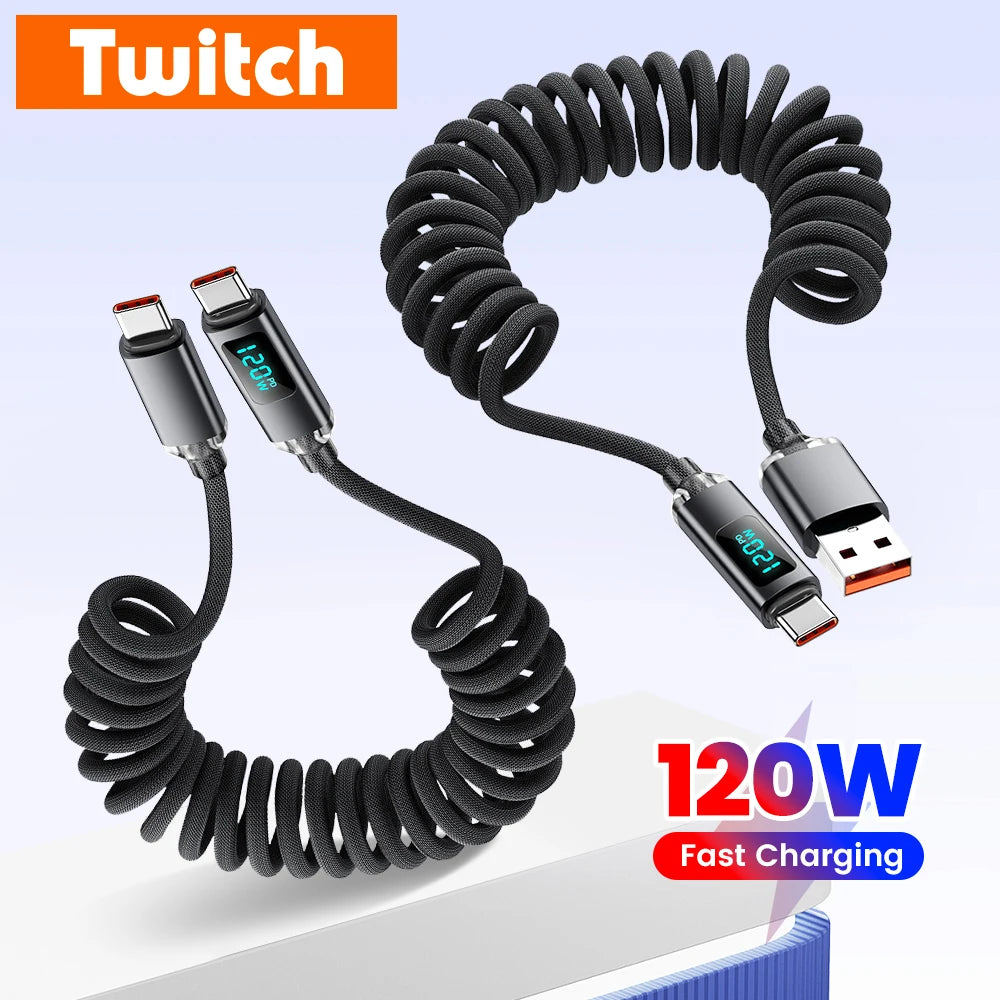 120W Spring Cable USB Type C To Type C Fast Charging LED Digital Display For iPhone 15 16 Samsung Huawei USB C To USB C Cable