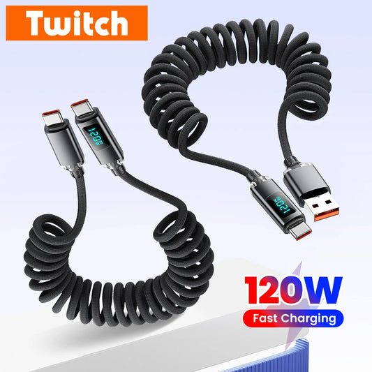 120W Spring Cable USB Type C To Type C Fast Charging LED Digital Display For iPhone 15 16 Samsung Huawei USB C To USB C Cable