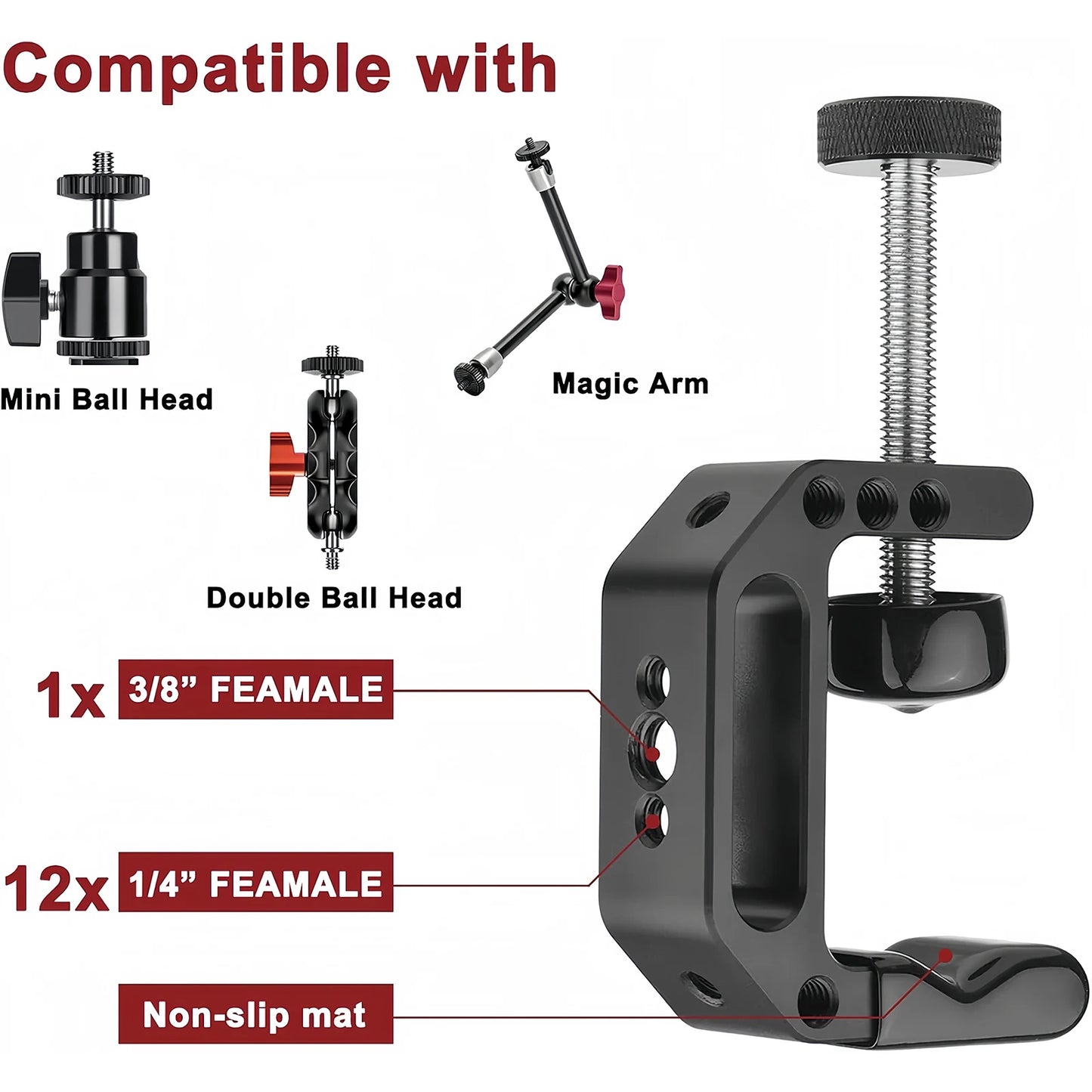 Lanxire Universal C Clamp Mount with 1/4" & 3/8" Threads, Heavy Duty Desktop Clamp for Mic/LCD Monitor/Webcam, Studio - 2Packs