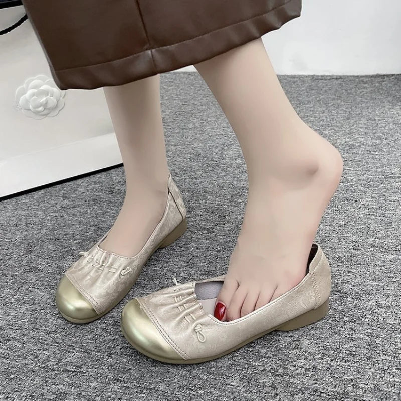 Chinese Style Color Block Slip-on Flats, Low Heel Comfortable Versatile Work Shoes for Women