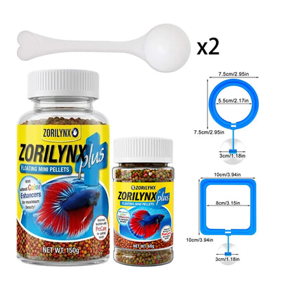 Fish Food Pellets With Square Floating Feeding Ring Set For Betta Goldfish Nutrient Color Enhancer Combo ZORILYNX Plus X2