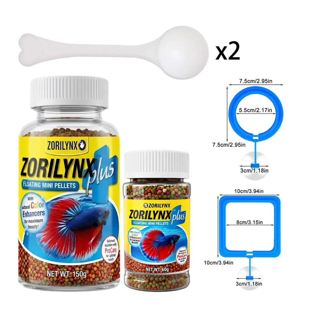 Fish Food Pellets With Square Floating Feeding Ring Set For Betta Goldfish Nutrient Color Enhancer Combo ZORILYNX Plus X2