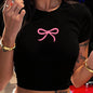 Women's Vintage Crop Tops with Pink Artistic Bow Print Graphic T-Shirt Simple Elegant Design Print Cropped T Shirt Sexy Tshirt