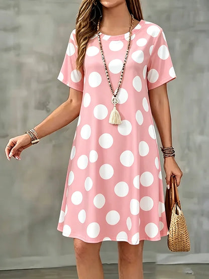 New Summer Women Dress Polka Dots Print Short Sleeve O-Neck  A-Line Dress Casual Loose Beach Sundress