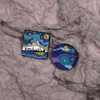 Blue Night Sky Oil Painting Enamel Pins Creative Cartoon Landscape Brooch Lapel Badges Animal Jewelry Gift for Friends