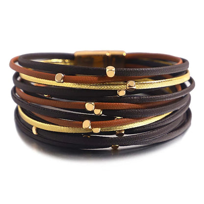 ALLYES Charm Triple Color Leather Bracelet for Women Bohemian Metal Beads Multilayer Thin Strip Wrap Bracelets Fashion Jewelry