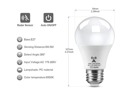 2PCS /Pack LED Bulb Light E27 Radar Motion Sensor 220V White Lamp Working in Night Auto On for Home Living Room Stairs Pathway