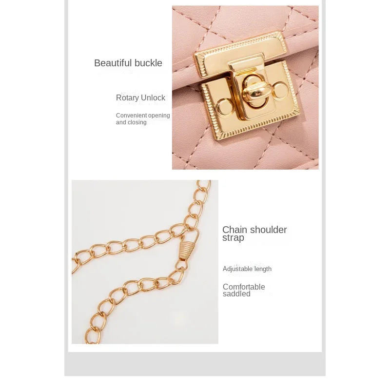 New personalized diamond grid women's bag, fashionable single shoulder cover lock small square bag, elegant and simple chain bag