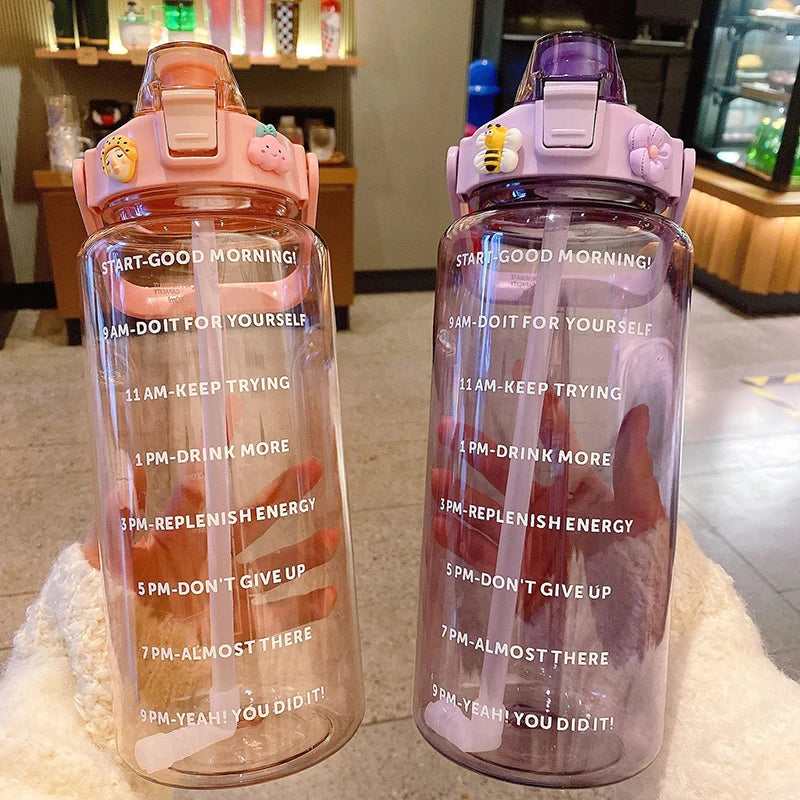 2 Liter Water Bottle with Straw Female Jug Girls Portable Travel bottles Fitness Bike Cup Summer Cold Water Jug with Time Marker