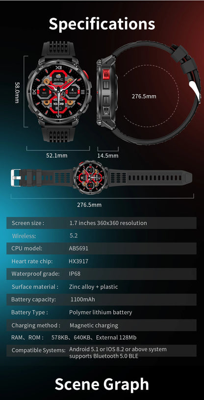 LIGE Smart Watch 2026 Gorąca Sprzedaż 1100mAh Wojskowy Wodoodporny Kompas Latarka LED Tryby Sportowe Męski Smartwatch Dla Android iOS